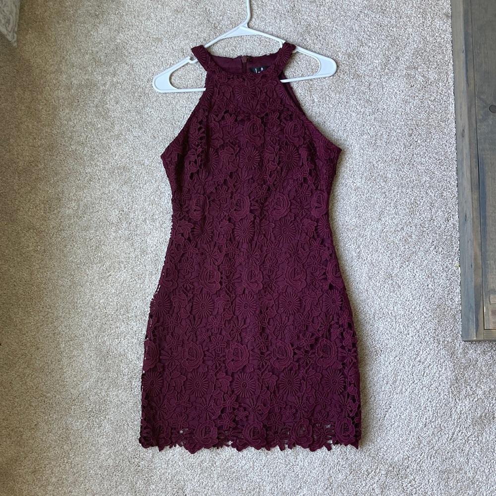 Lulus Love Poem Burgundy Lace Mini Dress